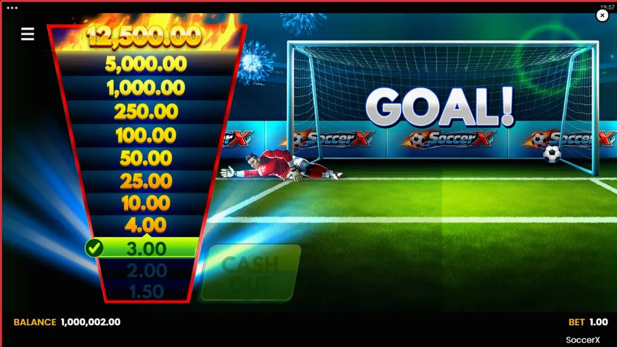 Interface de jogo do slot SoccerX com um campo de futebol e multiplicadores