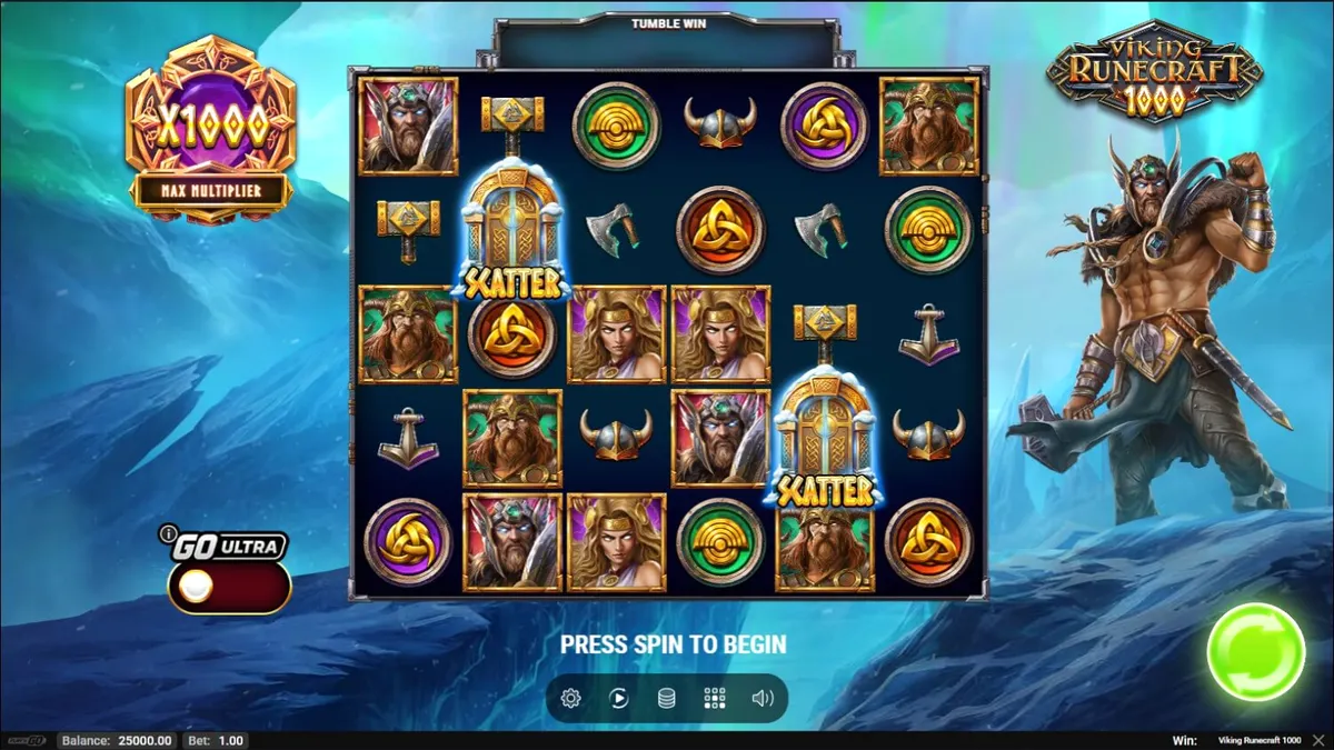 Interface do jogo Viking Runecraft 1000 com símbolos nórdicos e grade de jogo