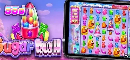 Interface vibrante e colorida do jogo de slot Sugar Rush com símbolos de doces.